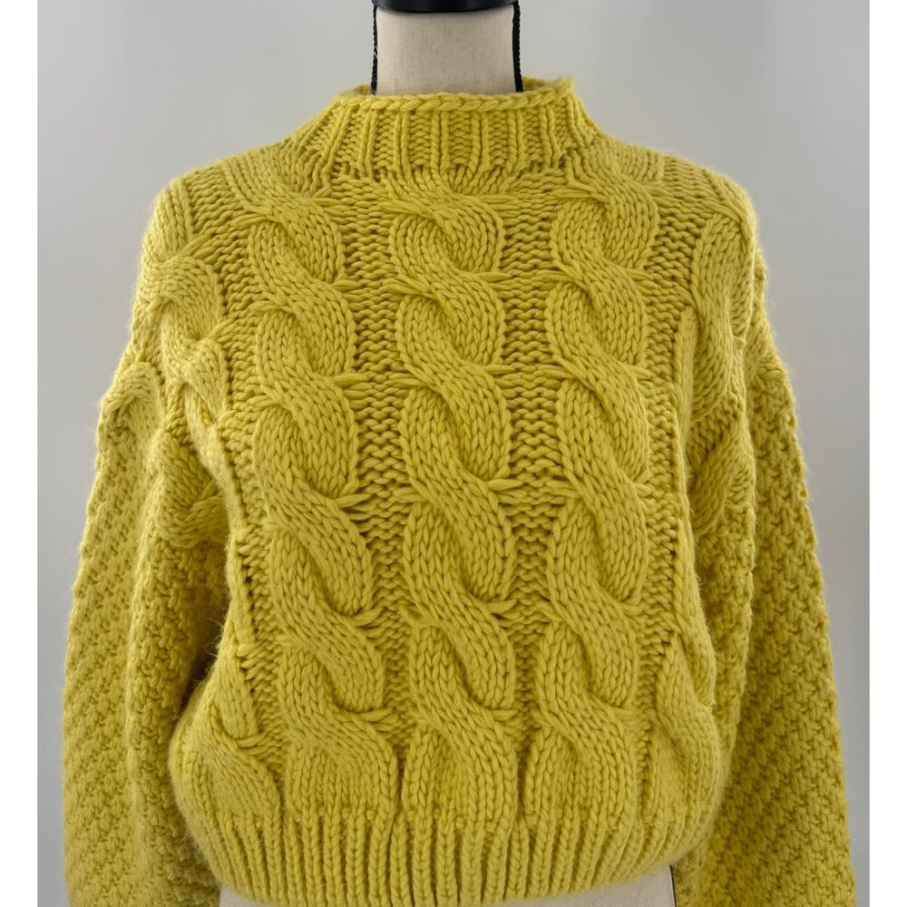 Zara Yellow Cableknit Sweater Mockneck Gold Knit Pullover Small Crop